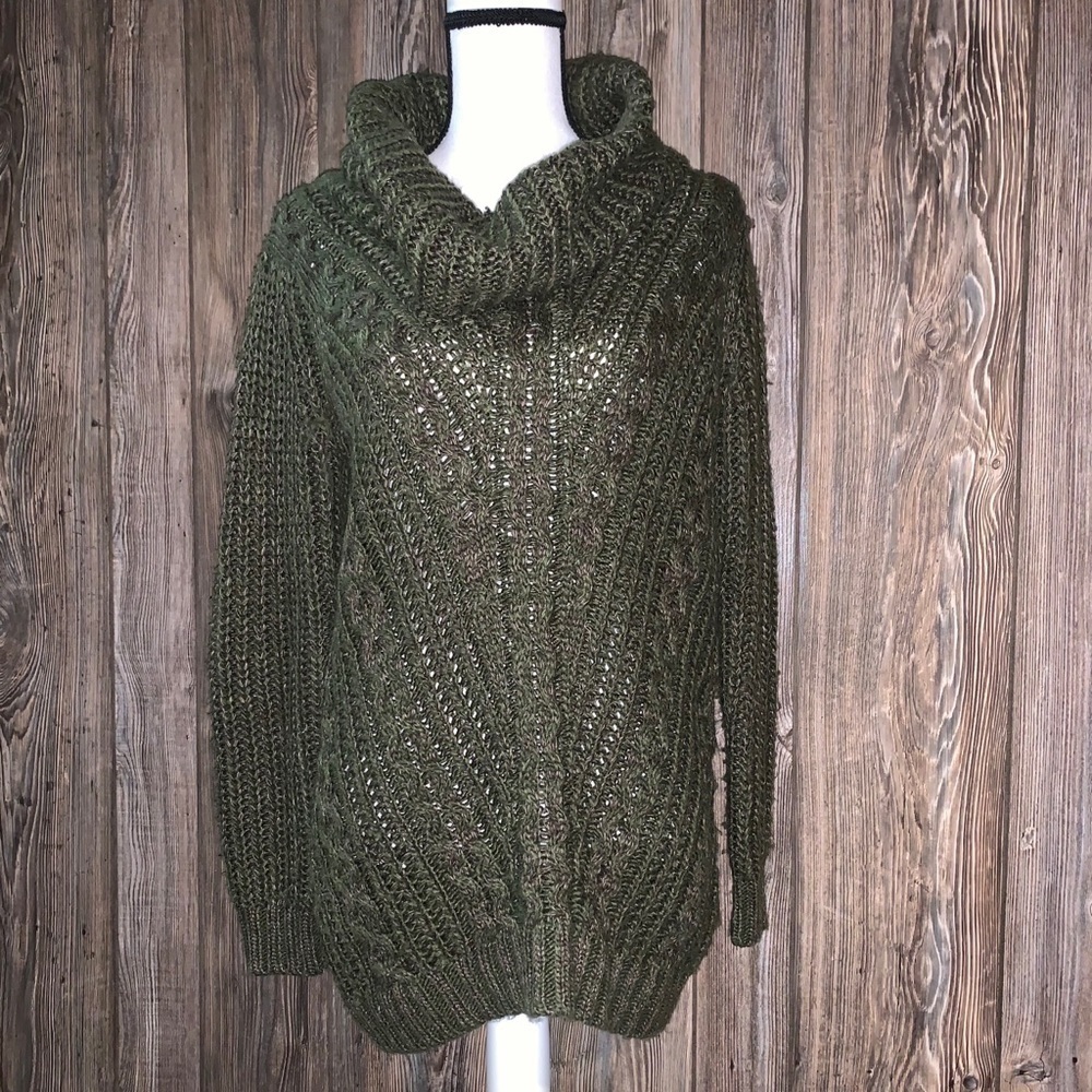 Cecico Oversized Cable Knit Cowl Neck Sweater Cozy Classic Hunter Green Small